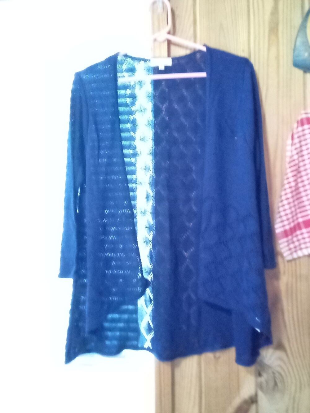 Choices Women's L Open Front Navy 3/4 Sleeve Crochet Blouse